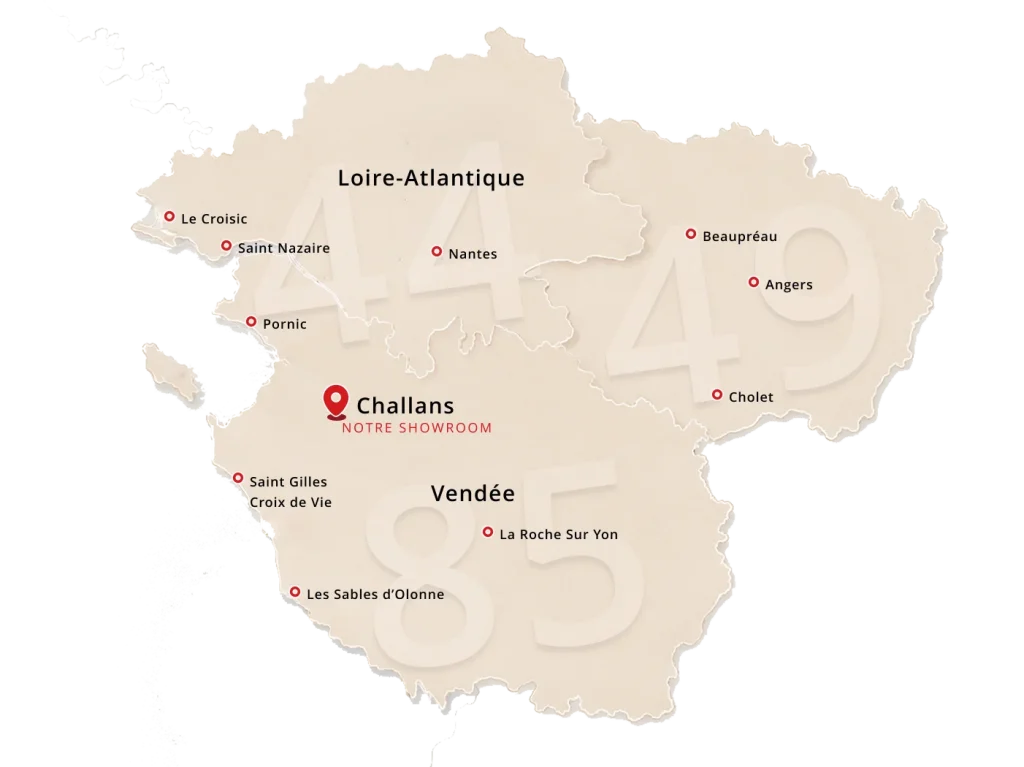 carte des zones d'intervention de Store and Co : installation et pose de store banne en vendée Loire Atlantique et Maine et Loire