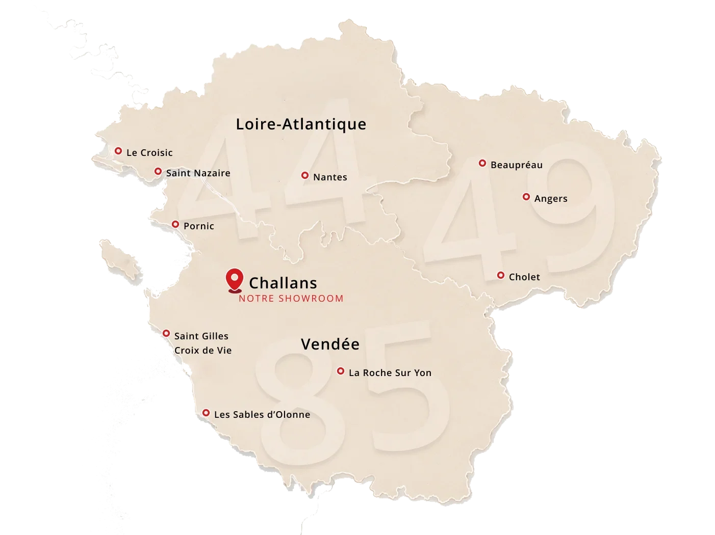 carte des zones d'intervention de Store and Co : installation et pose de store banne en vendée Loire Atlantique et Maine et Loire